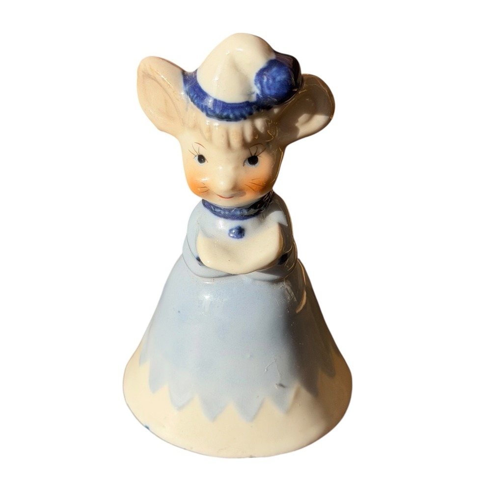 Vintage Ceramic Mouse Bell Figurine Blue Dress Bonnet Hand Painted Kitsch Decor - Picture 2 of 10